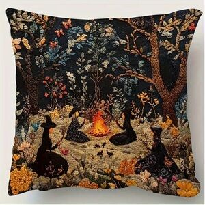 Witch Coven Around A Fire in the forest Pillow Case.